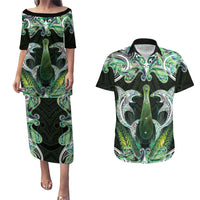 New Zealand Mere Pounamu Weapon Couples Matching Puletasi and Hawaiian Shirt Aotearoa Mango Paua Shell Maori Pattern