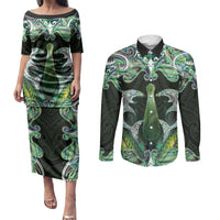 New Zealand Mere Pounamu Weapon Couples Matching Puletasi and Long Sleeve Button Shirt Aotearoa Mango Paua Shell Maori Pattern LT22 Green - Polynesian Pride