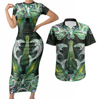 New Zealand Mere Pounamu Weapon Couples Matching Short Sleeve Bodycon Dress and Hawaiian Shirt Aotearoa Mango Paua Shell Maori Pattern LT22 Green - Polynesian Pride