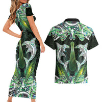 New Zealand Mere Pounamu Weapon Couples Matching Short Sleeve Bodycon Dress and Hawaiian Shirt Aotearoa Mango Paua Shell Maori Pattern