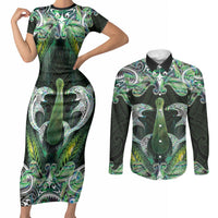 New Zealand Mere Pounamu Weapon Couples Matching Short Sleeve Bodycon Dress and Long Sleeve Button Shirt Aotearoa Mango Paua Shell Maori Pattern LT22 Green - Polynesian Pride