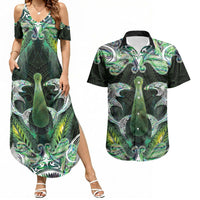 New Zealand Mere Pounamu Weapon Couples Matching Summer Maxi Dress and Hawaiian Shirt Aotearoa Mango Paua Shell Maori Pattern LT22 Green - Polynesian Pride