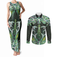 New Zealand Mere Pounamu Weapon Couples Matching Tank Maxi Dress and Long Sleeve Button Shirt Aotearoa Mango Paua Shell Maori Pattern LT22 Green - Polynesian Pride