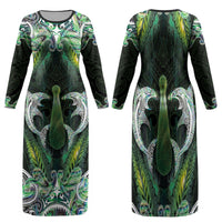 New Zealand Mere Pounamu Weapon Family Matching Long Sleeve Bodycon Dress and Hawaiian Shirt Aotearoa Mango Paua Shell Maori Pattern LT22 Mom's Dress Green - Polynesian Pride