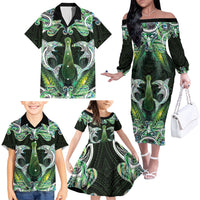 New Zealand Mere Pounamu Weapon Family Matching Off The Shoulder Long Sleeve Dress and Hawaiian Shirt Aotearoa Mango Paua Shell Maori Pattern