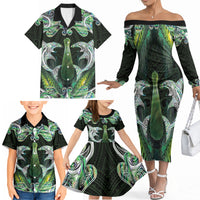 New Zealand Mere Pounamu Weapon Family Matching Off The Shoulder Long Sleeve Dress and Hawaiian Shirt Aotearoa Mango Paua Shell Maori Pattern LT22 - Polynesian Pride