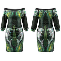 New Zealand Mere Pounamu Weapon Family Matching Off The Shoulder Long Sleeve Dress and Hawaiian Shirt Aotearoa Mango Paua Shell Maori Pattern LT22 Mom's Dress Green - Polynesian Pride