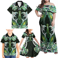 New Zealand Mere Pounamu Weapon Family Matching Off Shoulder Maxi Dress and Hawaiian Shirt Aotearoa Mango Paua Shell Maori Pattern