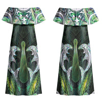 New Zealand Mere Pounamu Weapon Family Matching Off Shoulder Maxi Dress and Hawaiian Shirt Aotearoa Mango Paua Shell Maori Pattern LT22 Mom's Dress Green - Polynesian Pride