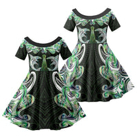 New Zealand Mere Pounamu Weapon Family Matching Off Shoulder Maxi Dress and Hawaiian Shirt Aotearoa Mango Paua Shell Maori Pattern LT22 Daughter's Dress Green - Polynesian Pride