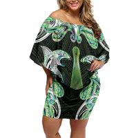 New Zealand Mere Pounamu Weapon Family Matching Off Shoulder Short Dress and Hawaiian Shirt Aotearoa Mango Paua Shell Maori Pattern