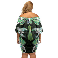 New Zealand Mere Pounamu Weapon Family Matching Off Shoulder Short Dress and Hawaiian Shirt Aotearoa Mango Paua Shell Maori Pattern