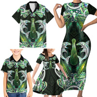 New Zealand Mere Pounamu Weapon Family Matching Short Sleeve Bodycon Dress and Hawaiian Shirt Aotearoa Mango Paua Shell Maori Pattern