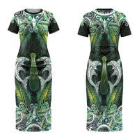 New Zealand Mere Pounamu Weapon Family Matching Short Sleeve Bodycon Dress and Hawaiian Shirt Aotearoa Mango Paua Shell Maori Pattern LT22 Mom's Dress Green - Polynesian Pride