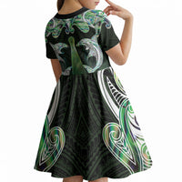 New Zealand Mere Pounamu Weapon Kid Short Sleeve Dress Aotearoa Mango Paua Shell Maori Pattern LT22 - Polynesian Pride