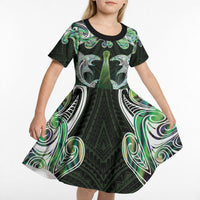 New Zealand Mere Pounamu Weapon Kid Short Sleeve Dress Aotearoa Mango Paua Shell Maori Pattern LT22 - Polynesian Pride