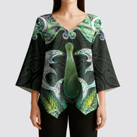 New Zealand Mere Pounamu Weapon Kimono Sleeve Blouse Aotearoa Mango Paua Shell Maori Pattern