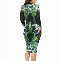 New Zealand Mere Pounamu Weapon Long Sleeve Bodycon Dress Aotearoa Mango Paua Shell Maori Pattern LT22 - Polynesian Pride