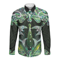 New Zealand Mere Pounamu Weapon Long Sleeve Button Shirt Aotearoa Mango Paua Shell Maori Pattern LT22 Unisex Green - Polynesian Pride