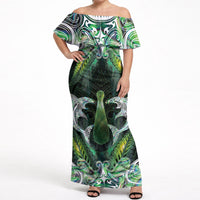 New Zealand Mere Pounamu Weapon Off Shoulder Maxi Dress Aotearoa Mango Paua Shell Maori Pattern LT22 Women Green - Polynesian Pride