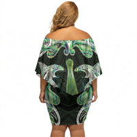 New Zealand Mere Pounamu Weapon Off Shoulder Short Dress Aotearoa Mango Paua Shell Maori Pattern LT22 - Polynesian Pride
