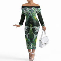 New Zealand Mere Pounamu Weapon Off The Shoulder Long Sleeve Dress Aotearoa Mango Paua Shell Maori Pattern LT22 Women Green - Polynesian Pride