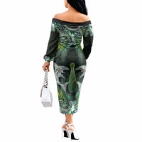 New Zealand Mere Pounamu Weapon Off The Shoulder Long Sleeve Dress Aotearoa Mango Paua Shell Maori Pattern LT22 - Polynesian Pride
