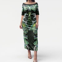 New Zealand Mere Pounamu Weapon Puletasi Aotearoa Mango Paua Shell Maori Pattern LT22 Long Dress Green - Polynesian Pride