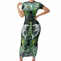 New Zealand Mere Pounamu Weapon Short Sleeve Bodycon Dress Aotearoa Mango Paua Shell Maori Pattern LT22 Long Dress Green - Polynesian Pride
