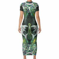 New Zealand Mere Pounamu Weapon Short Sleeve Bodycon Dress Aotearoa Mango Paua Shell Maori Pattern LT22 - Polynesian Pride