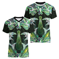 New Zealand Mere Pounamu Weapon Women V-Neck T-Shirt Aotearoa Mango Paua Shell Maori Pattern