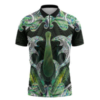 New Zealand Mere Pounamu Weapon Zipper Polo Shirt Aotearoa Mango Paua Shell Maori Pattern LT22 Green - Polynesian Pride