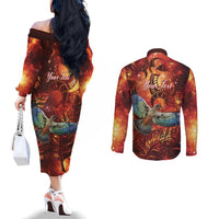 New Zealand Kea Bird Matariki Personalised Couples Matching Off The Shoulder Long Sleeve Dress and Long Sleeve Button Shirt Silver Fern Maori Pattern