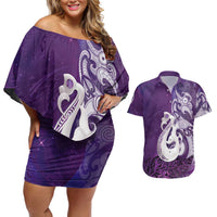 New Zealand Matariki Couples Matching Off Shoulder Short Dress and Hawaiian Shirt Maori Manaia Galaxy Silver Fern Purple Color
