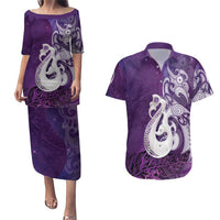 New Zealand Matariki Couples Matching Puletasi and Hawaiian Shirt Maori Manaia Galaxy Silver Fern Purple Color