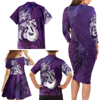 New Zealand Matariki Family Matching Long Sleeve Bodycon Dress and Hawaiian Shirt Maori Manaia Galaxy Silver Fern Purple Color