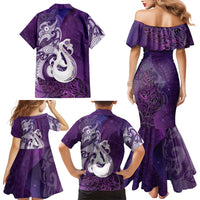 New Zealand Matariki Family Matching Mermaid Dress and Hawaiian Shirt Maori Manaia Galaxy Silver Fern Purple Color