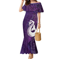 New Zealand Matariki Family Matching Mermaid Dress and Hawaiian Shirt Maori Manaia Galaxy Silver Fern Purple Color