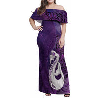 New Zealand Matariki Family Matching Off Shoulder Maxi Dress and Hawaiian Shirt Maori Manaia Galaxy Silver Fern Purple Color