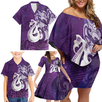 New Zealand Matariki Family Matching Off Shoulder Short Dress and Hawaiian Shirt Maori Manaia Galaxy Silver Fern Purple Color