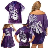 New Zealand Matariki Family Matching Off Shoulder Short Dress and Hawaiian Shirt Maori Manaia Galaxy Silver Fern Purple Color