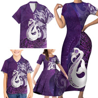 New Zealand Matariki Family Matching Short Sleeve Bodycon Dress and Hawaiian Shirt Maori Manaia Galaxy Silver Fern Purple Color
