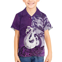New Zealand Matariki Family Matching Short Sleeve Bodycon Dress and Hawaiian Shirt Maori Manaia Galaxy Silver Fern Purple Color
