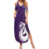 New Zealand Matariki Family Matching Summer Maxi Dress and Hawaiian Shirt Maori Manaia Galaxy Silver Fern Purple Color