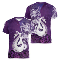 New Zealand Matariki Women V-Neck T-Shirt Maori Manaia Galaxy Silver Fern Purple Color