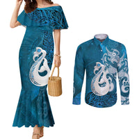 New Zealand Matariki Couples Matching Mermaid Dress and Long Sleeve Button Shirt Maori Manaia Galaxy Silver Fern Blue Color