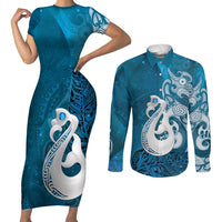 New Zealand Matariki Couples Matching Short Sleeve Bodycon Dress and Long Sleeve Button Shirt Maori Manaia Galaxy Silver Fern Blue Color