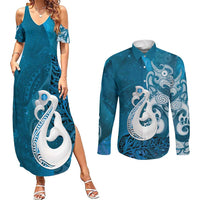 New Zealand Matariki Couples Matching Summer Maxi Dress and Long Sleeve Button Shirt Maori Manaia Galaxy Silver Fern Blue Color