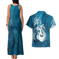 New Zealand Matariki Couples Matching Tank Maxi Dress and Hawaiian Shirt Maori Manaia Galaxy Silver Fern Blue Color