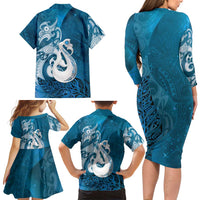 New Zealand Matariki Family Matching Long Sleeve Bodycon Dress and Hawaiian Shirt Maori Manaia Galaxy Silver Fern Blue Color